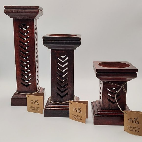 My Mela Mela Artisans Set of 3 Pillar Candle Holder Dark Wood Handmade Column - Picture 2 of 16